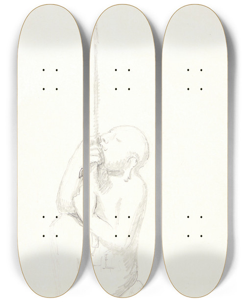 Triptych art skateboard deck of Svend Rathsack Slave Med Parasol Studieblad Efter Relieffer I Borobudur Java by Svend Rathsack (1885-1941)