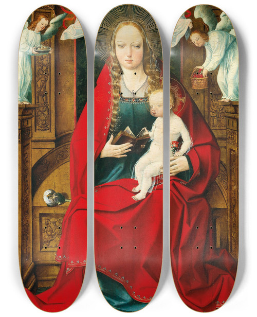 Triptych art skateboard deck of Early Netherlandish School The Madonna And Child Enthroned Crowned By Angels by Netherlandish School