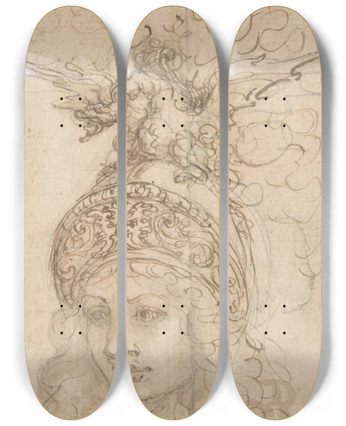 Triptych art skateboard deck of Giovanni Battista Foggini Design For A Helmet With A Dragon Presented In Frontal View by Giovanni Battista Foggini (1652-1725)