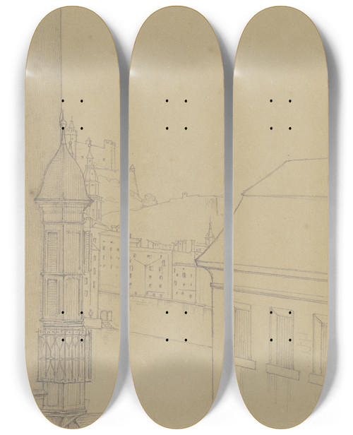 Triptych art skateboard deck of Nikolaus Hoff Aussicht Aus Dem Fenster Der Unterkunft Des Knstlers Auf Salzburg by Nikolaus Hoff (1798-1873)