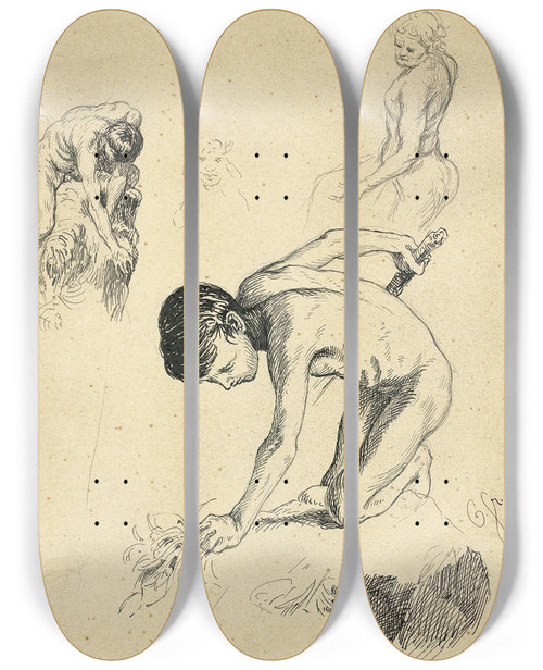 Triptych art skateboard deck of Otto Greiner Mnnliche Akte Studienblatt by Otto Greiner (1869-1916)