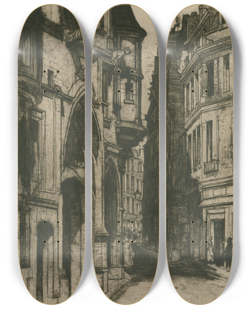 Triptych art skateboard deck of David Young Cameron Hotel De Sens by David Young Cameron (1865-1945)