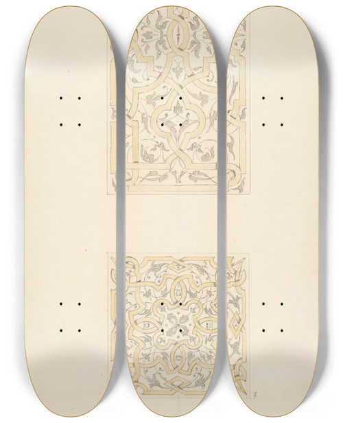 Triptych art skateboard deck of Julesedmondcharles Lachaise Three Designs For Decorative Motifs In Strapwork Rinceaux And Egganddart Patterns by Jules-Edmond-Charles Lachaise (1897)