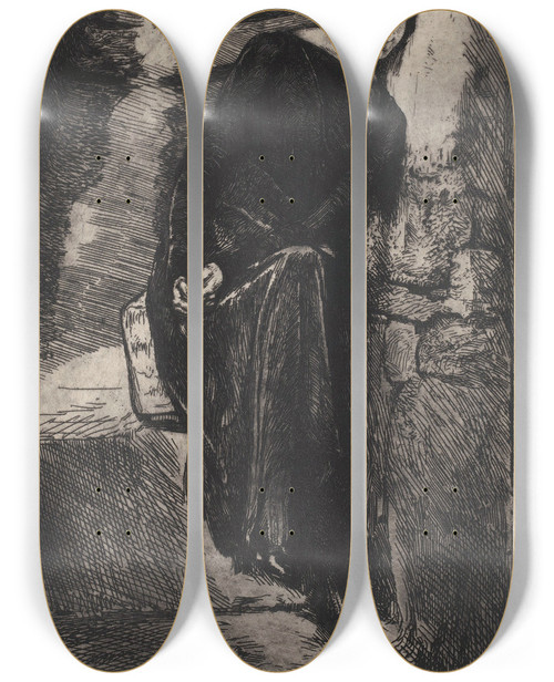 Triptych art skateboard deck of Marcel Roux In Het Zwart Geklede Vrouw Leunend Tegen Muur by Marcel Roux (1878-1922)