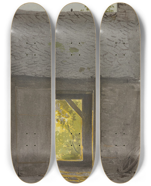 Triptych art skateboard deck of Carl Theodor Reiffenstein Blick Durch Die Geffneten Tren Einer Scheune Im Abendlicht by Carl Theodor Reiffenstein (1820-1893)