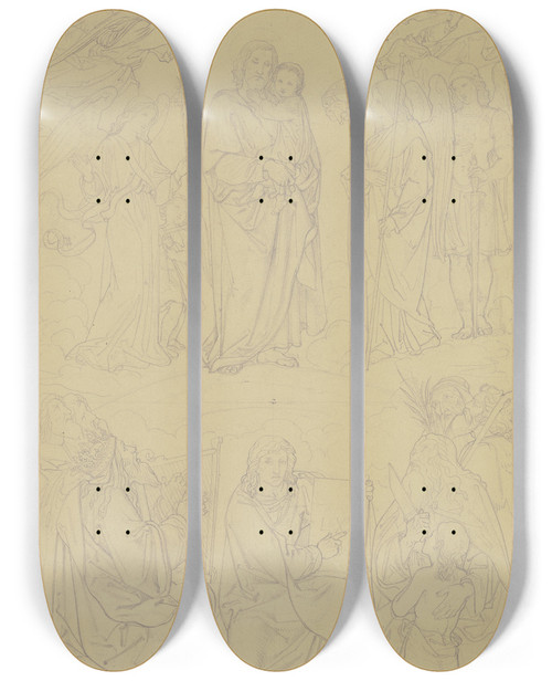 Triptych art skateboard deck of Leopold Kupelwieser Joseph Mit Dem Jesuskind Auf Dem Arm Von Musizierenden Und Ihn Krnenden Engeln Umgeben Unten Knig David Und Abraham Mit Isaak by Leopold Kupelwieser (1776-1862)