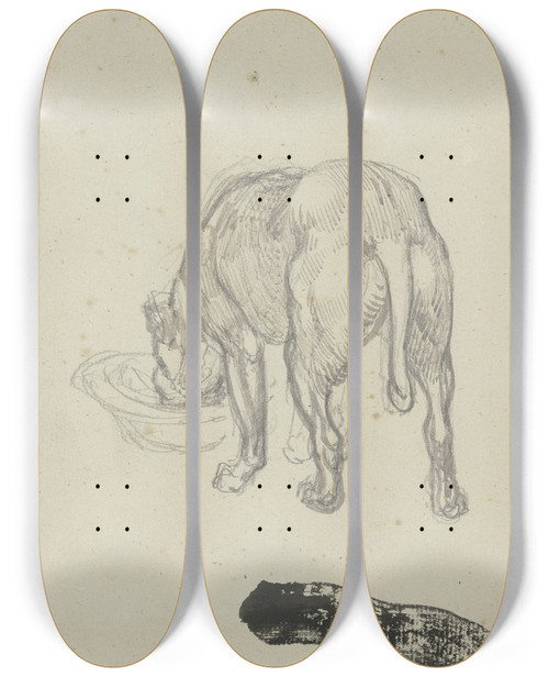 Triptych art skateboard deck of Ferdinand Fellner Saufender Hund Von Hinten Gesehen_1 by Ferdinand Fellner (1799-1859)