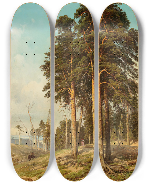 Triptych art skateboard deck of Andrei Nikolaevich Shilder A Summer Day Near Saint Petersburg by Andrei Nikolaevich Shilder (1861-1919)