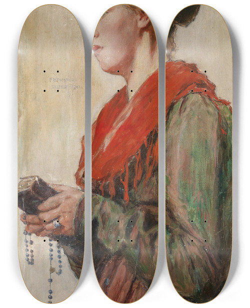 Triptych art skateboard deck of Theodor Josef Ethofer Salzburgerin Mit Goldhaube Und Gebetsbuch by Theodor Josef Ethofer (1849-1915)