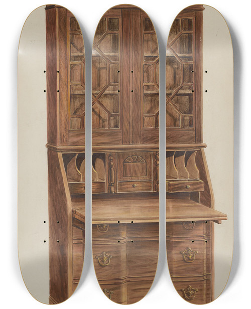 Triptych art skateboard deck of John Hall Blockfront Secretary Walnut by John Hall