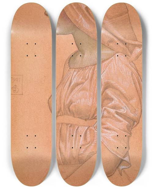 Triptych art skateboard deck of Joseph Edward Southall Study For St Dorothea And Her Two Sisters Refusing To Worship The Idol by Joseph Edward Southall (1861-1944)