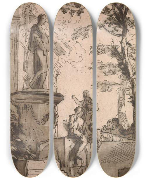 Triptych art skateboard deck of George Knapton Classical Scene With Statue by George Knapton (1698-1778)