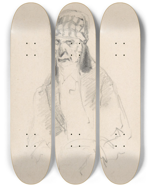 Triptych art skateboard deck of Flicien Rops Man With A Turban by Felicien Rops (1833-1898)