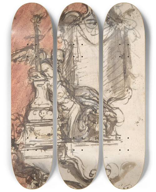 Triptych art skateboard deck of Pieter Verbruggen The Younger Design For A Sepulchral Monument With A Portrait Bust by Pieter Verbruggen The Younger (1648-1691)