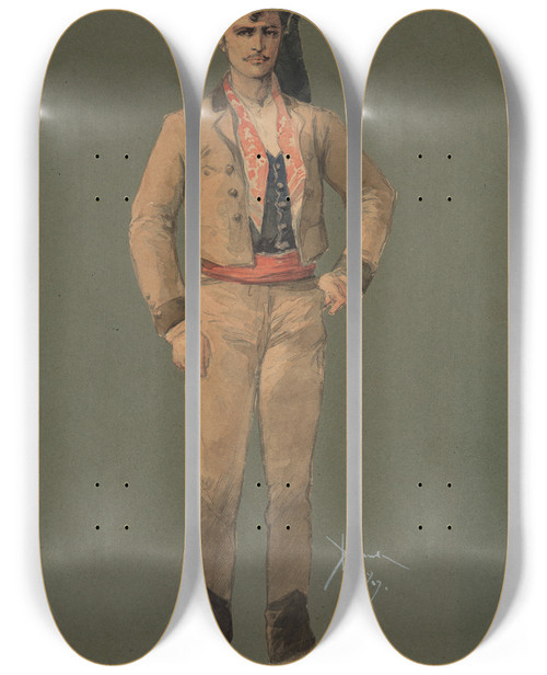 Triptych art skateboard deck of Pipein Gamba Turiddu by Pipein Gamba (1868-1954)