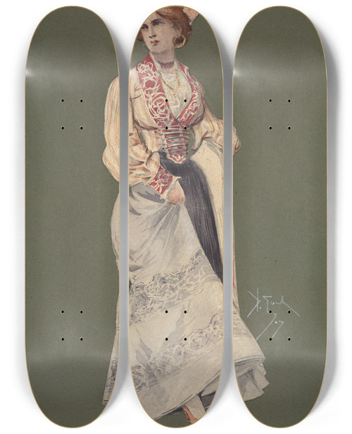Triptych art skateboard deck of Pipein Gamba Lola by Pipein Gamba (1868-1954)