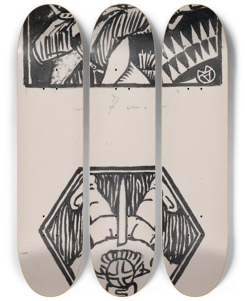 Triptych art skateboard deck of Akseli Gallenkallela Korukalevala The Illustrated Kalevala Poem Xxxvi Opening Vignette Not Final Version End Vignette by Akseli Gallen Kallela (1865-1931)