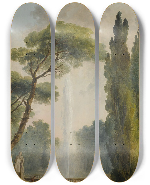 Triptych art skateboard deck of Hubert Robert View Of A Garden With A Large Fountain At Center And Figures Relaxing And Dancing In The Foreground by Hubert Robert (1733-1808)