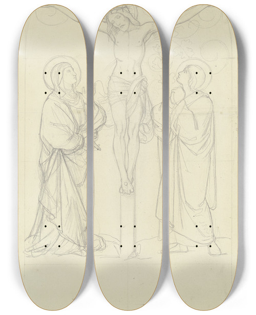 Triptych art skateboard deck of Eduard Von Steinle Christus Am Kreuz Zwischen Maria Und Johannes by Eduard Von Steinle (1810-1886)