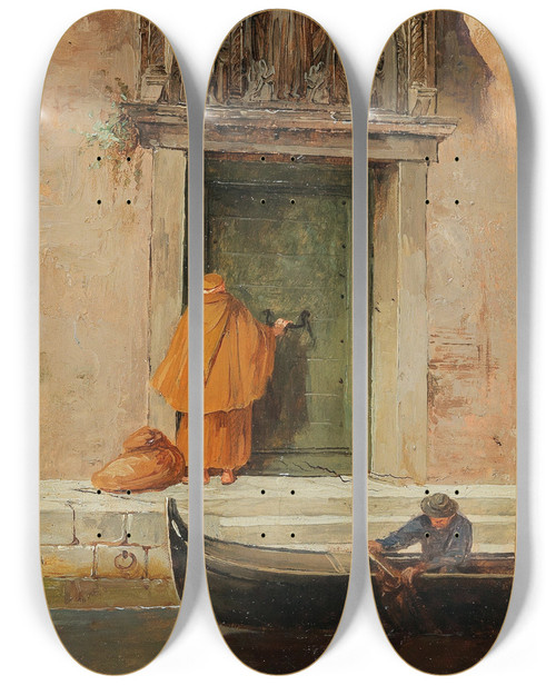 Triptych art skateboard deck of Antonietta Brandeis Venice At The Gate Of The Arco Dellabbazia Della Misericordia by Antonietta Brandeis (1848-1926)