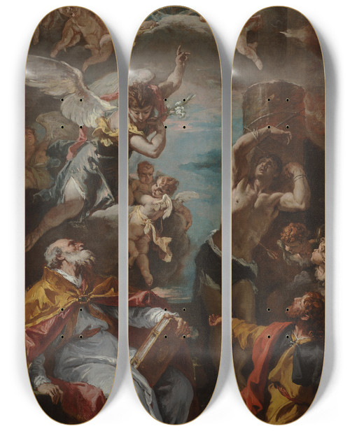 Triptych art skateboard deck of Sebastiano Ricci Glory Of The Virgin With The Archangel Gabriel And Saints Eusebius Roch And Sebastian by Sebastiano Ricci (1659-1734)