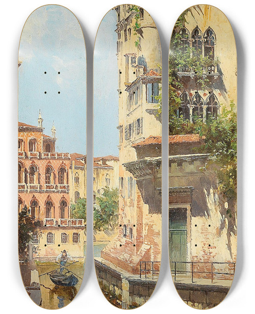 Triptych art skateboard deck of Antonietta Brandeis Canal In Venice With View Of The Back Of The Palazzo Rocca by Antonietta Brandeis (1848-1926)