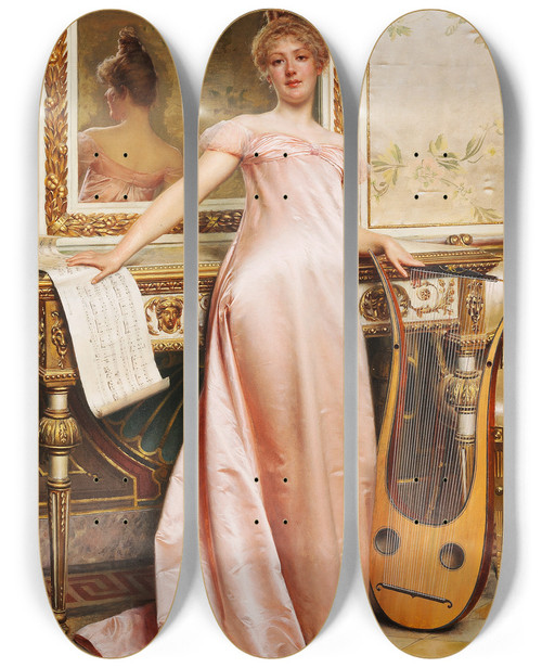 Triptych art skateboard deck of Frdric Soulacroix Her Music Lesson by Frederic Soulacroix (1858-1933)