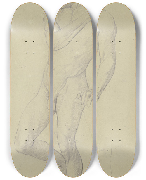 Triptych art skateboard deck of Victor Mller Stehender Mnnlicher Akt In Vorderansicht Den Rechten Fu Auf Ein Podest Gestellt by Victor Muller (1829-1871)