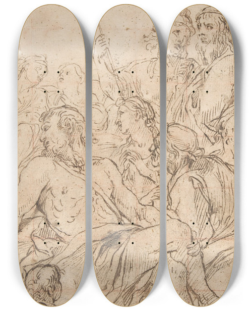 Triptych art skateboard deck of Luca Giordano Fragment Of A Composition With A Reclining Seminude Man Surrounded By Soldiers And Other Onlookers In A Landscape by Luca Giordano (1634-1705)