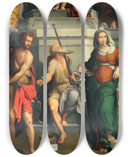 Triptych art skateboard deck of Monogrammist Ed Madonna Enthroned With Saints by Monogrammist Ed