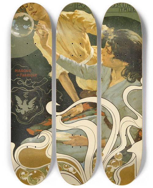 Triptych art skateboard deck of Adolfo Hohenstein Chiozza E Turchi Fabricants De Savons Pontelagoscuro Italie by Adolfo Hohenstein (1854-1928)