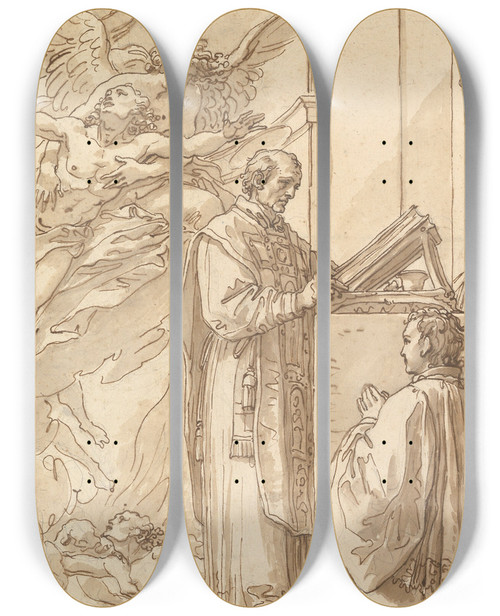 Triptych art skateboard deck of Giuseppe Cades Blessed Francis Venimbeni Celebrating Mass For Souls In Purgatory by Giuseppe Cades (1750-1799)