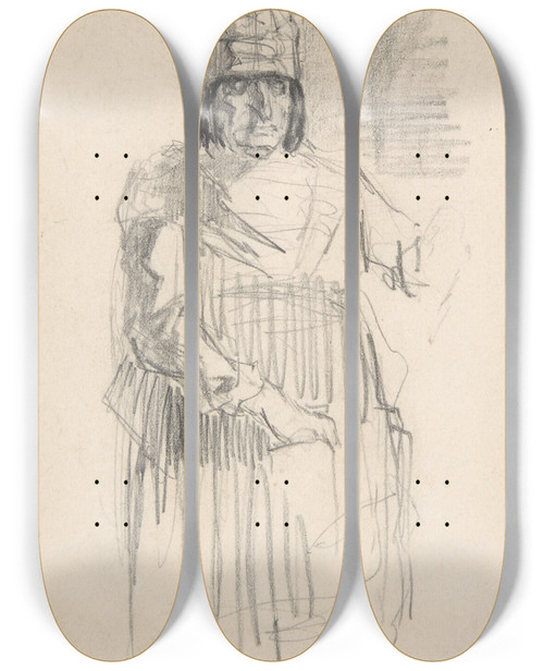 Triptych art skateboard deck of Flicien Rops Study Of A Figure With Headress by Felicien Rops (1833-1898)