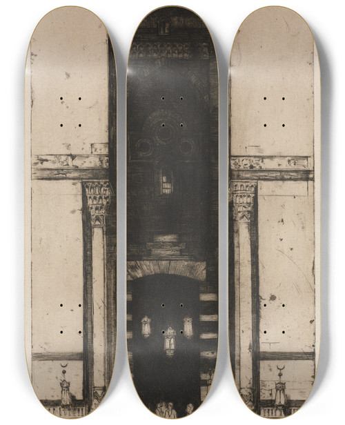 Triptych art skateboard deck of David Young Cameron The Mosque Doorway Cairo by David Young Cameron (1865-1945)