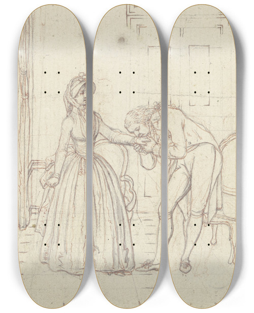 Triptych art skateboard deck of Daniel Nikolaus Chodowiecki In Einem Zimmer Steht Links Clarissa In Reisekleidung by Daniel Nikolaus Chodowiecki (1726-1801)