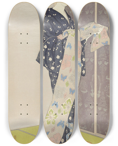 Triptych art skateboard deck of Hashiguchi Goy Jonge Vrouw In Een Zomer Kimono by Hashiguchi Goyo (1881-1921)