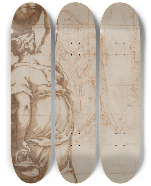 Triptych art skateboard deck of Cesare Nebbia Kvinde Med Krukke P Hovedet Set Bagfra To Kvinder Med Et Klde I Baggrunden by Cesare Nebbia (1536-1622)