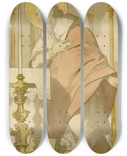 Triptych art skateboard deck of Prosper Lafaye Saint Ecclsiastique En Prire_1 by Prosper Lafaye (1806-1883)