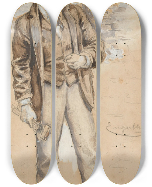 Triptych art skateboard deck of Josef Engelhart A Man From Erdberg With Hammer And Pincers by Josef Engelhart (1864-1941)