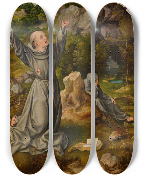 Triptych art skateboard deck of Joos Van Cleve Saint Francis Receiving The Stigmata by Joos Van Cleve (1485-1541)