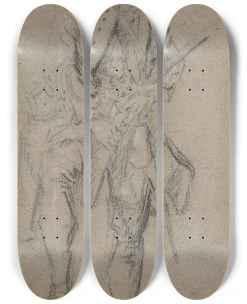 Triptych art skateboard deck of Nicolas Lancret Standing Hunter Holding A Rifle by Nicolas Lancret (1690-1743)