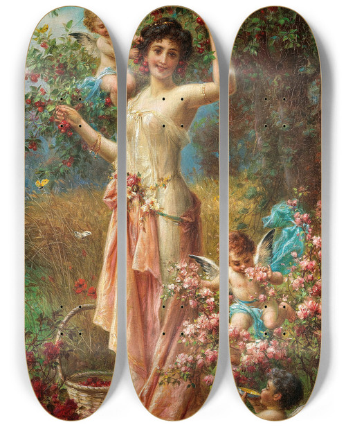 Triptych art skateboard deck of Hans Zatzka An Allegory Of Summer With Messengers Of Love by Hans Zatzka (1859-1945)