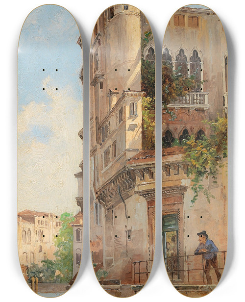 Triptych art skateboard deck of Antonietta Brandeis Venice Rio San Trovaso by Antonietta Brandeis (1848-1926)