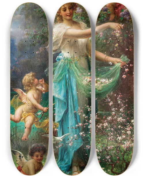 Triptych art skateboard deck of Hans Zatzka An Allegory Of Spring With Cupid by Hans Zatzka (1859-1945)