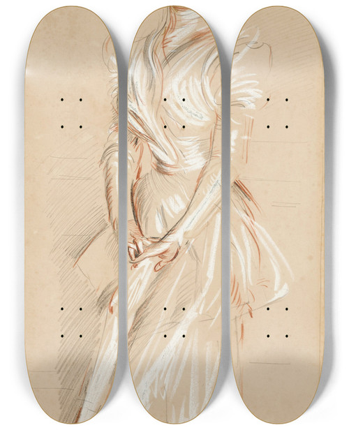 Triptych art skateboard deck of Paul Csar Helleu Portrait Of Madame Helleu In Boating Costume by Paul Cesar Helleu (1859-1927)