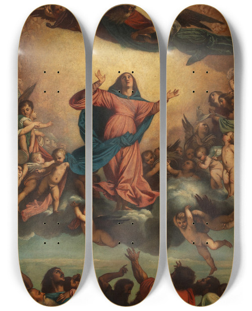 Triptych art skateboard deck of Anselm Feuerbach Himmelfahrt Mari by Anselm Feuerbach (1829-1880)