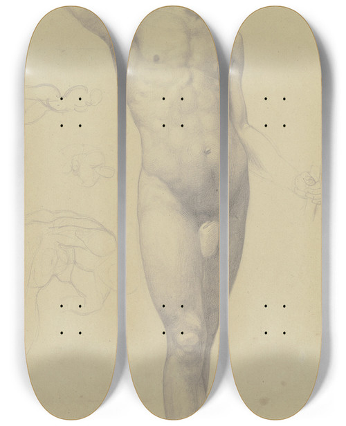 Triptych art skateboard deck of Eugen Eduard Schffer Mnlicher Akt Stehend En Face by Eugen Eduard Schaffer (1802-1871)