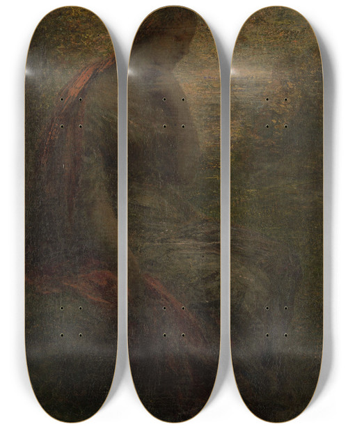 Triptych art skateboard deck of Henri Fantinlatour Young Woman Under A Tree At Sunset Called Autumn by Henri Fantin-Latour (1836-1904)