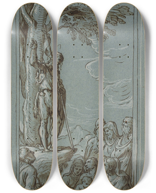 Triptych art skateboard deck of Domenico Campagnola Johannes Dberen Prdiker I Rkenen by Domenico Campagnola (1500-1564)