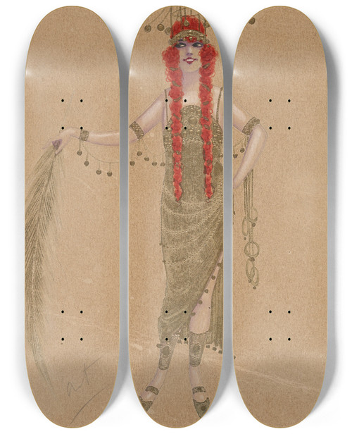 Triptych art skateboard deck of Will R Barnes Kgolden Maid by Will R Barnes (1939)